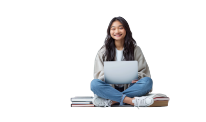 Young woman smiles happily while studying with her laptop among books on a transparent background, showcasing academic success and motivation for online learning