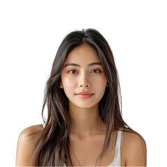 Fototapeta premium Young woman with long black hair is posing on a transparent background, her neutral expression radiating serenity and confidence