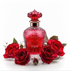 Premium fragrance bottle with intricate design, surrounded by red roses, isolated on a pristine white background, ideal for advertising.