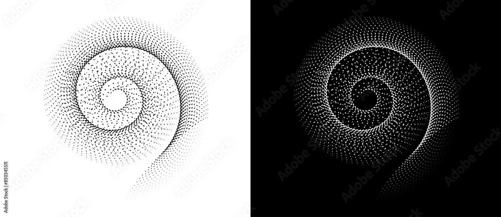 Poster halftone dots in spiral. modern abstract background. design element or icon, logo. black shape on a 