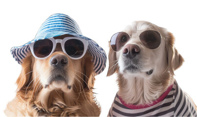 Two golden retriever dogs are posing for a photo, one wearing a blue and white striped summer hat and white sunglasses, the other wearing aviator sunglasses