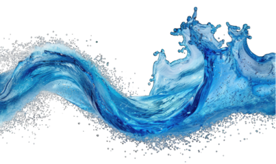 Vibrant blue water wave splashes and bubbles on a transparent background. Capturing the energy and motion of liquid in a refreshing illustration. Bright aqua tones add freshness to this digital art pi