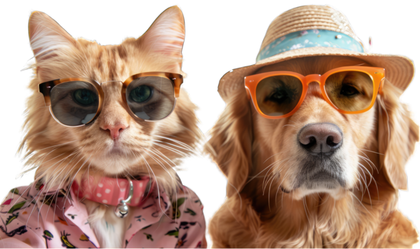 Golden retriever and cat are posing together, both wearing stylish sunglasses and hats for a fun and fashionable portrait