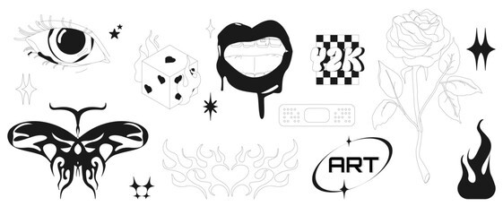 Set of abstract y2k flames, rose, shapes and other elements in trendy  hand drawn tattoo print, stickers. Black and white colors.