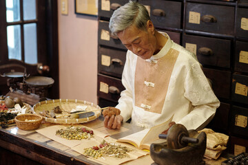 Asian apothecary examining herbal ingredients during his work in traditional Asian drug store