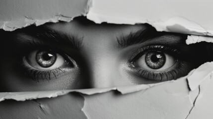 Frightened eyes peeking through a ripped paper hole, dark shadows, high contrast, suspenseful mood