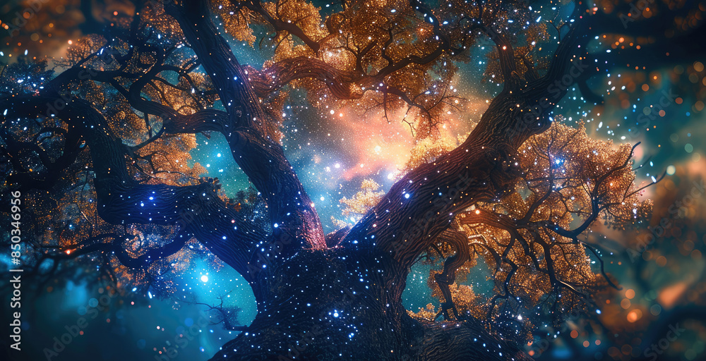 Aufkleber Beautiful illuminated tree with branches showing. Cosmic background. low angle view. Generative AI.
