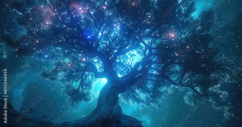 Poster Beautiful illuminated tree with branches showing. Cosmic background. low angle view. Generative AI.