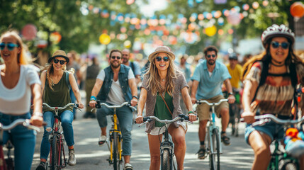 Group of Friends Cycling in a Festival