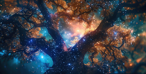 Fototapeta premium Beautiful illuminated tree with branches showing. Cosmic background. low angle view. Generative AI.