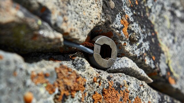 A close-up of a piton in a rock crack.