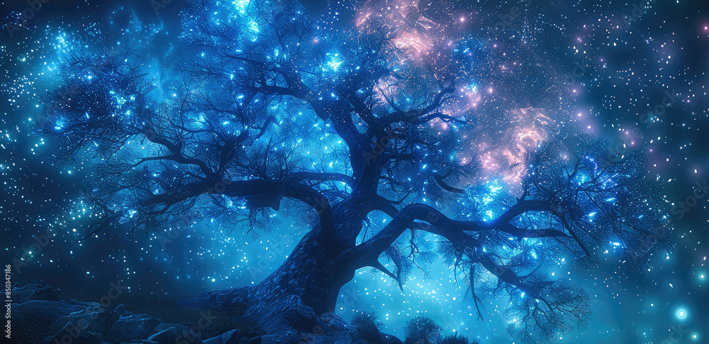 Aufkleber Beautiful illuminated tree with branches showing. Cosmic background. low angle view. Generative AI.