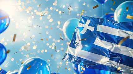 waving Greece Flag and birthday balloons on sky background, independence day