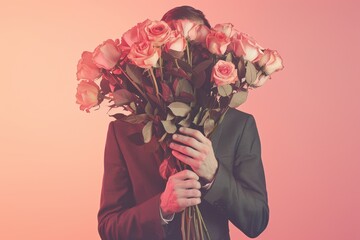 a young man in a suit holding a bunch of roses in front of his chest, his face is hidden by the flowers, a soft pink gradient behind him 