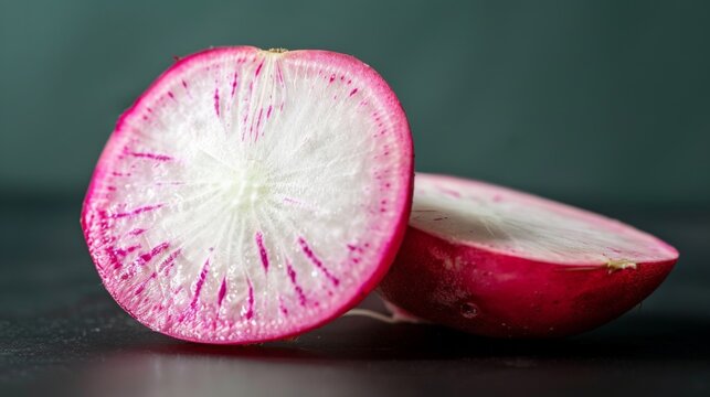 A photo of a halved watermelon radish on a black background.