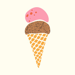 Ice-cream cone vector illustration. Hand drawn cute colorful wafer cone with chocolate and strawberry gelato balls with texture for cards, menu, packaging, textile print, decoration. Summer treat