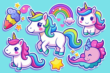 Fototapeta premium Unicorn stickers with vibrant colors and whimsical elements like ice cream cones, stars and rainbows. Perfect for playful and magical designs, kids projects and children's illustrations