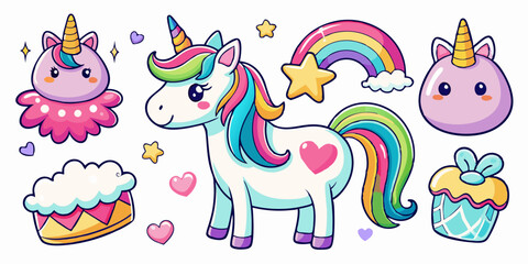 Obraz premium Charming unicorn with rainbow mane and hearts, surrounded by whimsical elements like stars and cupcakes. Ideal for kids' designs and children's projects