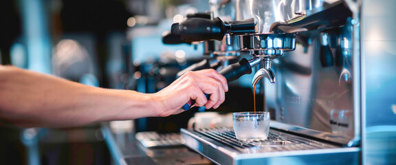 Water streams into a clear glass at a modern kitchen sink, reflecting hydration, cleanliness, and the simplicity of daily life. Banner. Copy space