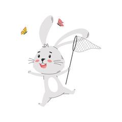 A cute funny rabbit catching butterflies with a net