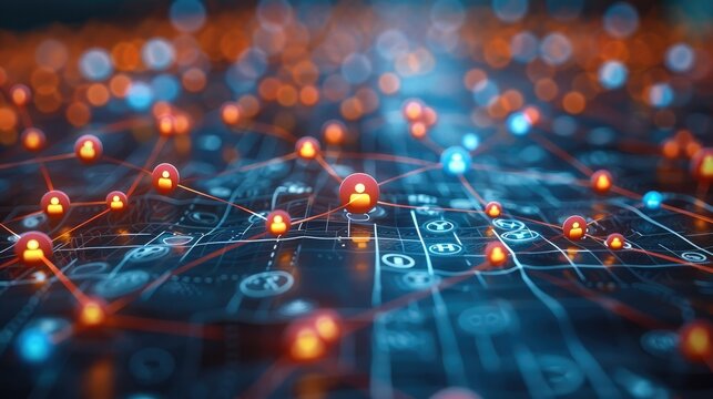 A stylized depiction of social media logos forming a connected network. Generative AI.