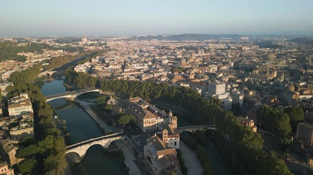 Drone follows winding river establishing Orange Garden Rome Italy
