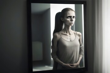 an image of a young anorexic woman, very skinny, sick, thin, alone, Anorexia nervosa, underweight, mental health, Frail, Gaunt, Isolated, Depressed, Fragile, Emaciated, Vulnerable, Sad, Suffering