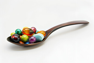 Colorful chocolate coated candy on spoon isolated on white background,
Colorful candies in a wooden spoon on a dark background