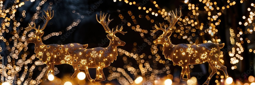 Poster A dazzling display of Christmas lights on reindeer figures, festive and bright. Generative AI.