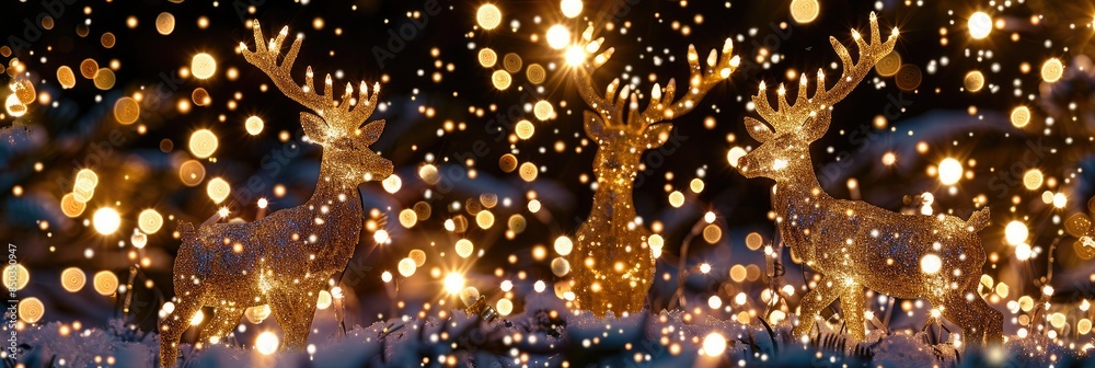 Poster A dazzling display of Christmas lights on reindeer figures, festive and bright. Generative AI.
