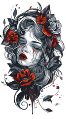 A woman with a red rose on her head