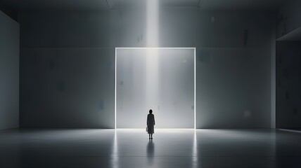 Obraz premium a person stands in a dark room with a person standing in front of a wall 