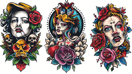 Obraz premium Three women with tattoos and skulls on their faces. The first woman has a skull on her head and a rose on her face