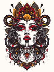 Naklejka premium A woman with a red and gold headdress and red lips