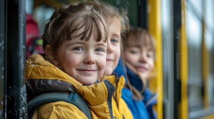 Children smiling and getting on the school bus