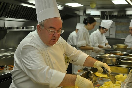 AI generated illustration of a professional chef in a commercial kitchen, preparing ingredients