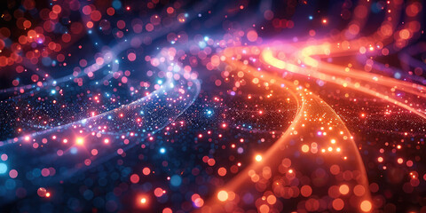 Naklejka premium A closeup of green and blue fiber optic cables, with red laser beams shining through them against black background. The lights create dynamic streaks on the dark surface. Generative AI.