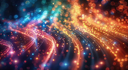 Obraz premium A closeup of green and blue fiber optic cables, with red laser beams shining through them against black background. The lights create dynamic streaks on the dark surface. Generative AI.