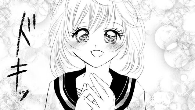 少女漫画のセーラー服女子高生が真剣な表情で話しかけるモノクロアニメーション