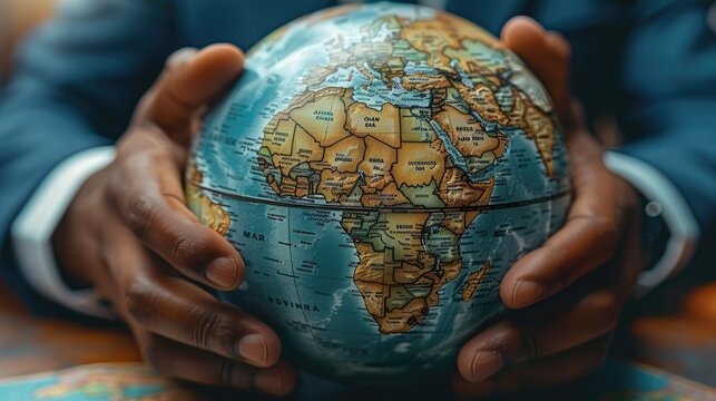 The world in the hands of finance a businessman pointing Africa on earth globe map with index finger showing continent resources planning global business strategy. close up. Generative AI.