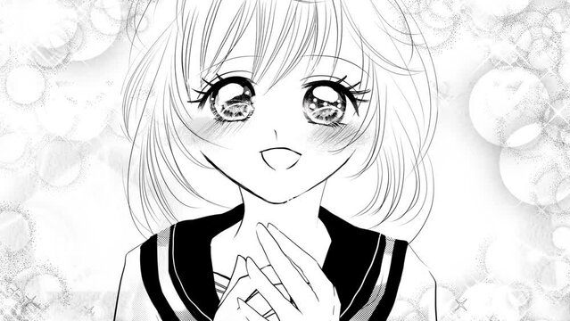 少女漫画のセーラー服女子高生が真剣な表情で話しかけるモノクロアニメーション
