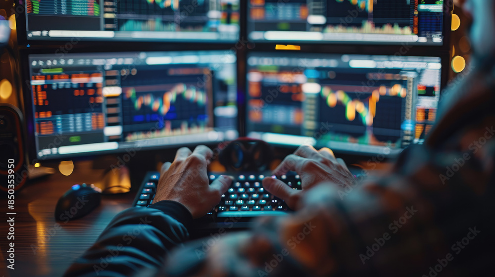 Poster Close-up trader hands typing on keyboard surrounded by multiple screens displaying live trading data stock market volatility intense. Generative AI.