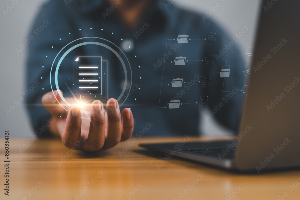 Fototapete Document Management System (DMS), online documentation database and process automation to efficiently manage files, knowledge and documentation in enterprise with ERP. Corporate business technology.
