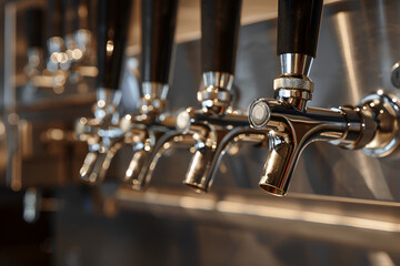 Close up of beer lines for draft beer in restaurant,
Close up of beer tap background lights at pub
