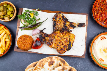 Savor Turkish Arabic Grilled Chicken Half. Tender, marinated, and grilled with traditional spices. A delectable fusion dish perfect for food blogs, menus, and culinary designs. Top View Zoom In.