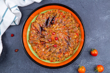 Turkish or arabic baba ganuj also known as turkish baba ghanous, delious turkish dish. Baba ganoush dip made with grilled aubergine or eggplant, lemon juice, olive oil and tahini. Vegetarian starter.