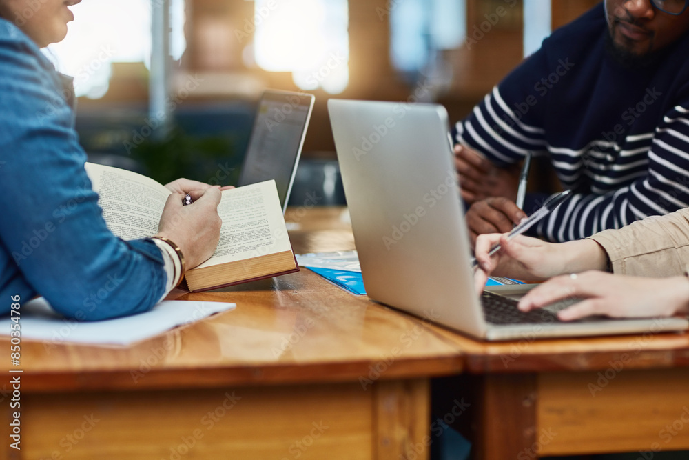 Sticker Group, hands and learning in library for education, knowledge and studying at college or university. Students or young people with books, laptop and research for essay development, help and planning