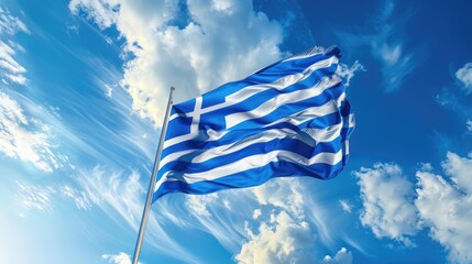 Greece Waving Flag on light blue sky summer background, Independence Day