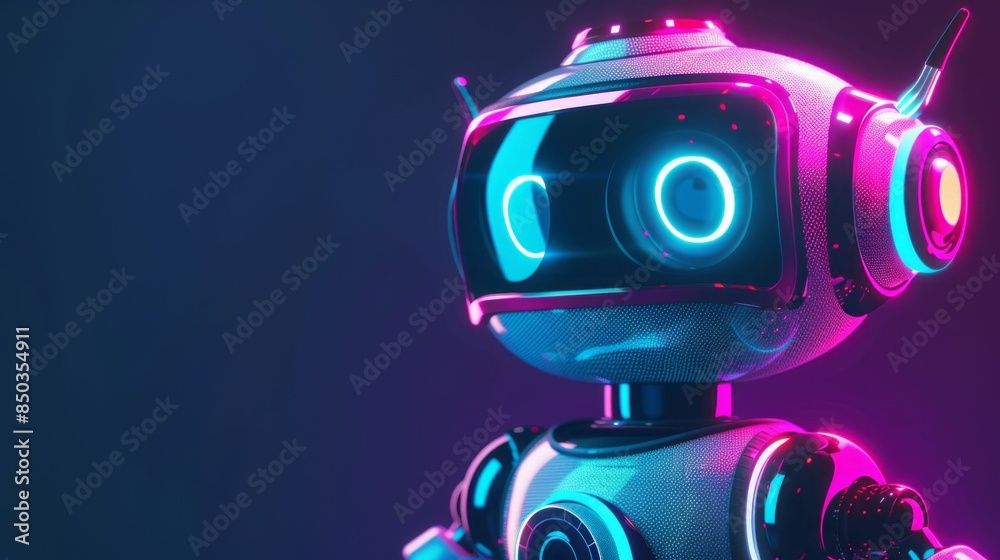 Poster A robot with glowing eyes stands in front of a dark background