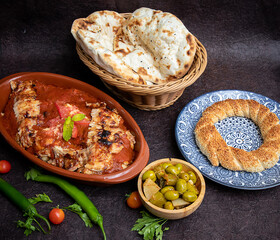 Turkish_Iskandar Shawarma Meat With Souce, bread and olive. 